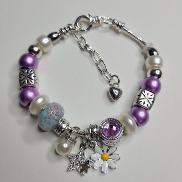 NWT Pandora Style Charm Bracelet Purple Passion Silver White Daisy Stars, Medium - Picture 7 of 7
